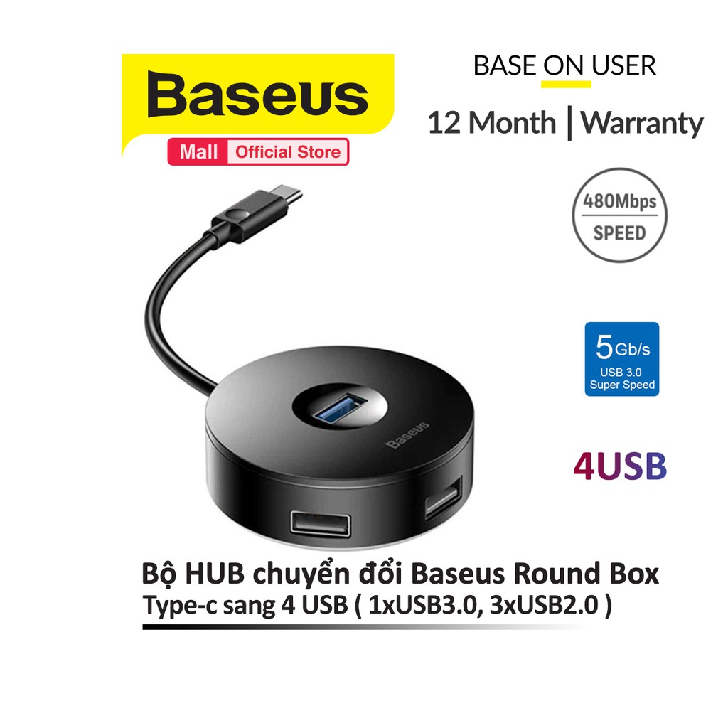 Bộ HUB chuyển đổi từ Type-C sang USB 3.0 Baseus Round Box HUB (4 cổng USB, 1xUSB3.0, 3xUSB2.0)