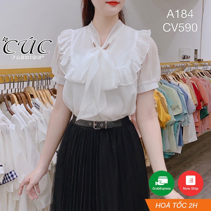 Áo sơ mi nữ CÚC FASHION somi tay ngắn cao cấp lụa đẹp kiểu xếp ly công sở trắng đi học áo cổ dập quạt A1108