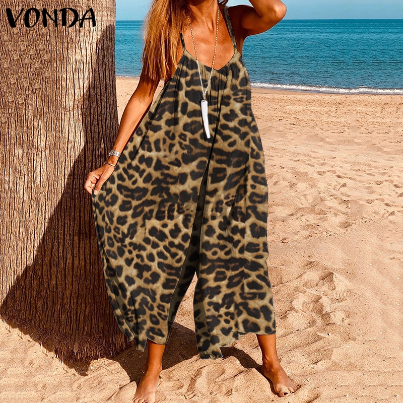 Bộ Jumpsuit VONDA Không Tay Họa Tiết Da Báo Với Ống Quần Rộng Quyến Rũ Dành Cho Nữ