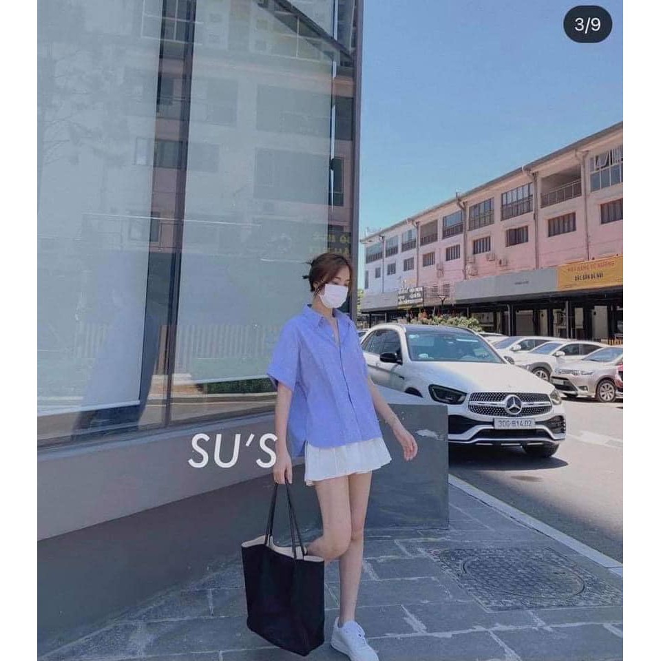 Áo sơ mi kẻ cúc lưng cổ đức chất linen - Áo sơ mi nữ basic kẻ khuy sau 3 màu | BigBuy360 - bigbuy360.vn