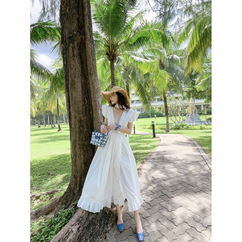 Đầm Maxi Vintage Tay Cánh Tiên Cổ V Hở Lưng Quyến Rũ ( kèm hình ảnh thật) | BigBuy360 - bigbuy360.vn