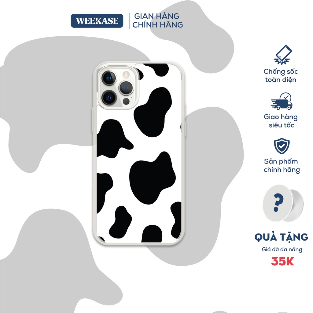 Combo ốp lưng iPhone dẻo viền trắng kèm giá đỡ Weekase in hình họa tiết bò sữa đen, tất cả dòng máy