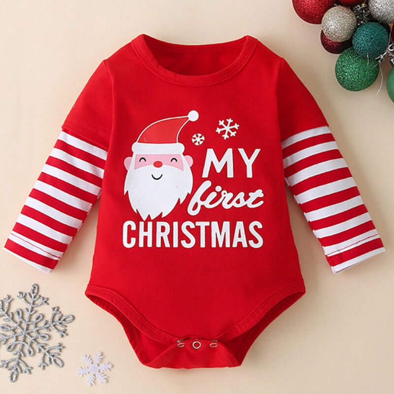 Bộ Áo Liền Quần Tay Dài Kẻ Sọc + Quần Dài + Nón Giáng Sinh Cho Bé Trai / Gái