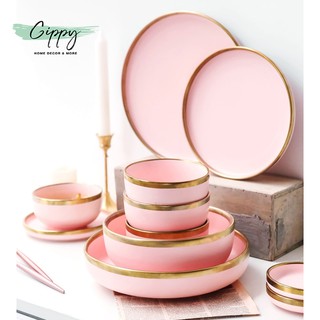 Bộ bát đĩa ăn màu hồng viền gold phong cách Bắc Âu - Gippy Decor