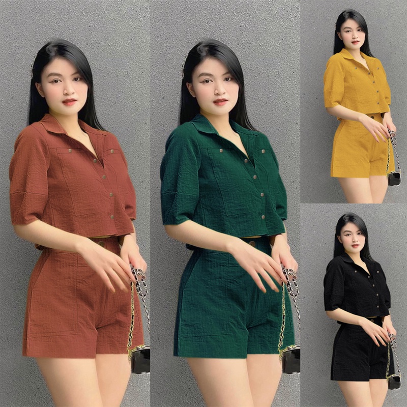 Set nữ sang chảnh đẹp nguyên bộ áo sơ mi phối nút kèm quần đùi phong cách TJ1179