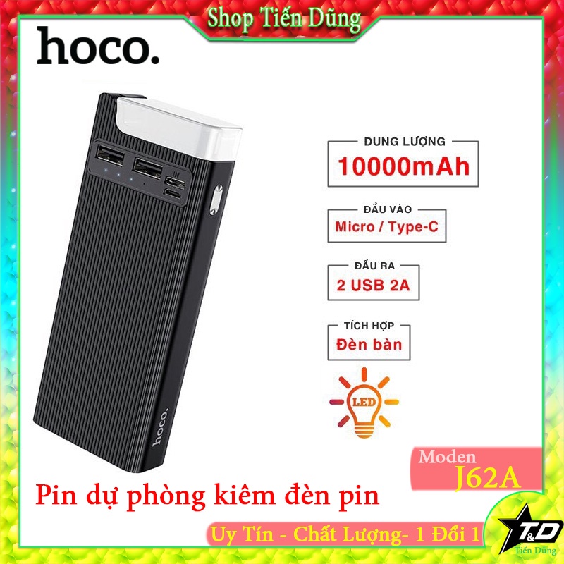 Pin sạc dự phòng Hoco J62A đèn pin đọc sách, 2 cổng ra, tích điện 10000mAh