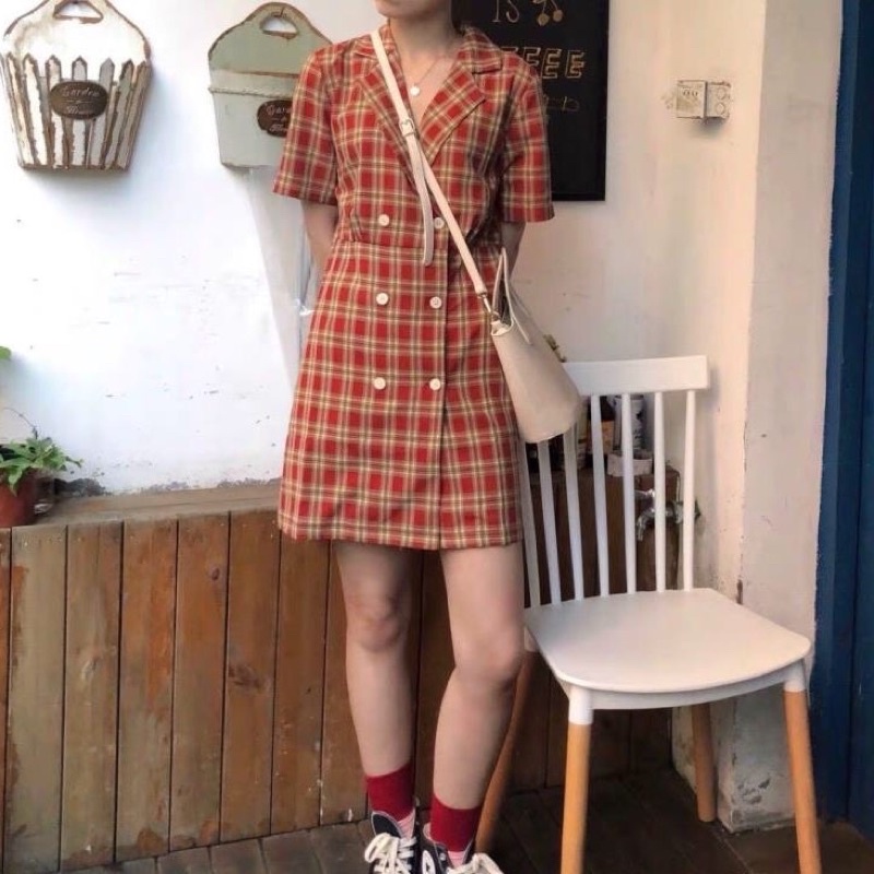 Pass Váy đầm cổ vest caro 2hand