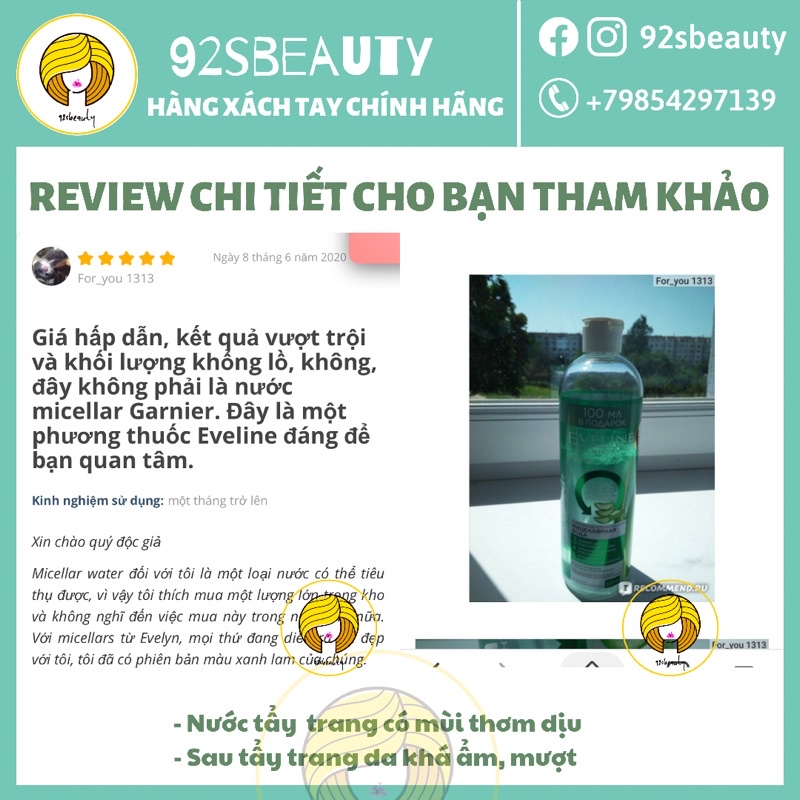 Tẩy trang Eveline Lô Hội Aloe tẩy sạch dịu nhẹ, giữ ẩm cho da