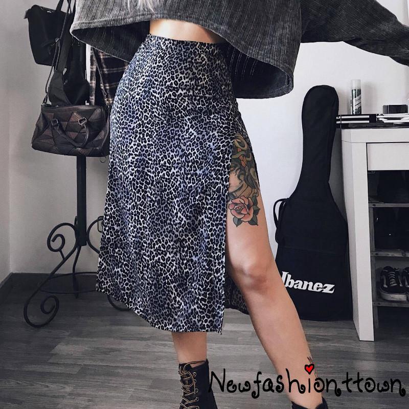 ღtwღWomen´s Fashion Sexy Leopard Print Summer Floral High Waist Elasticated Split A Line Skirt