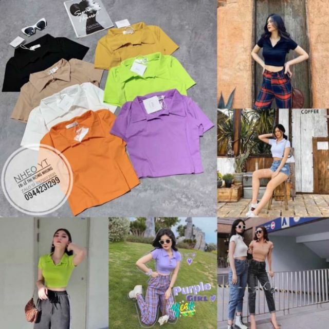 Áo croptop cổ bẻ cộc tay dáng hàn