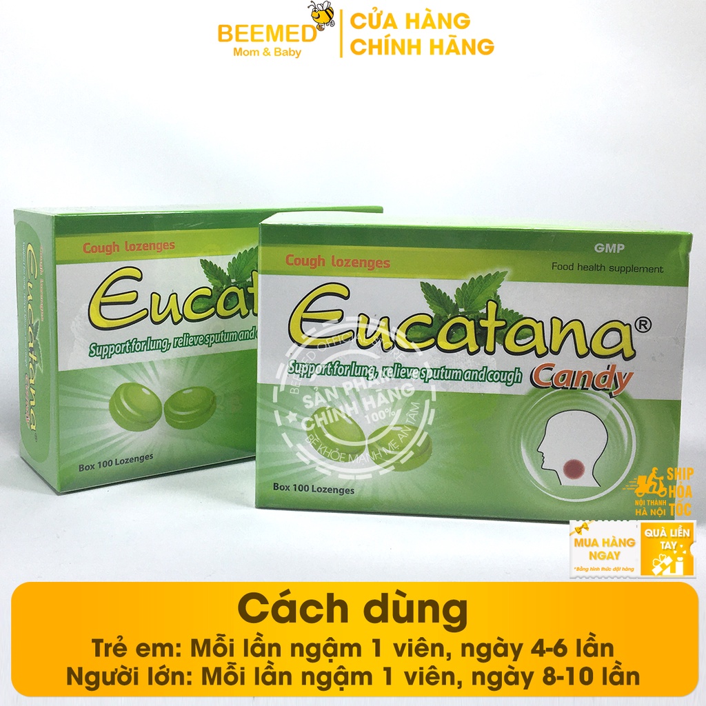 Viên ngậm ho Eucatana từ thảo dược hộp 100 viên, hỗ trợ giảm đau rát họng, ho có đờm, khản tiếng