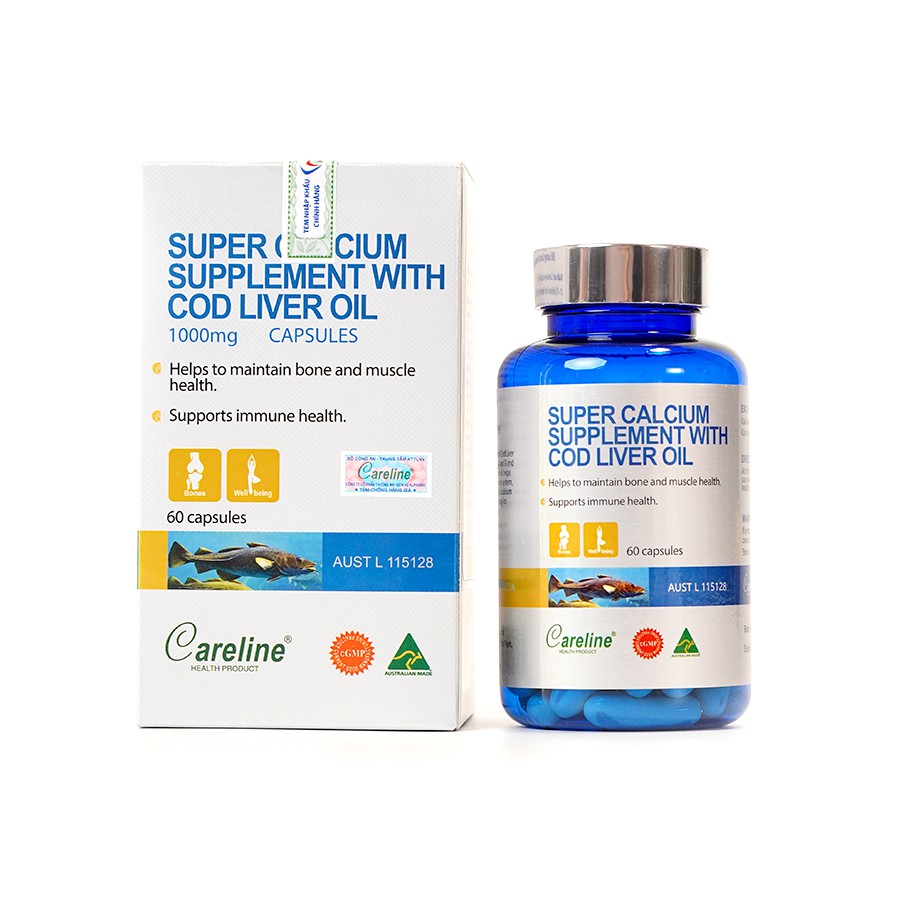 Viên uống canxi bổ sung dầu gan cá Careline Super Calcium Supplement bổ sung Omega-3 cho cơ thể - Hộp 60 viên