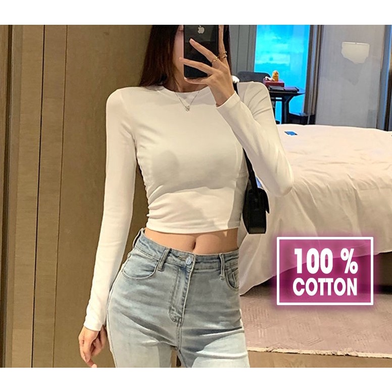 Áo croptop tay dài ôm nữ đen trắng thun gân , áo thun crt body 100% cotton CRT 263