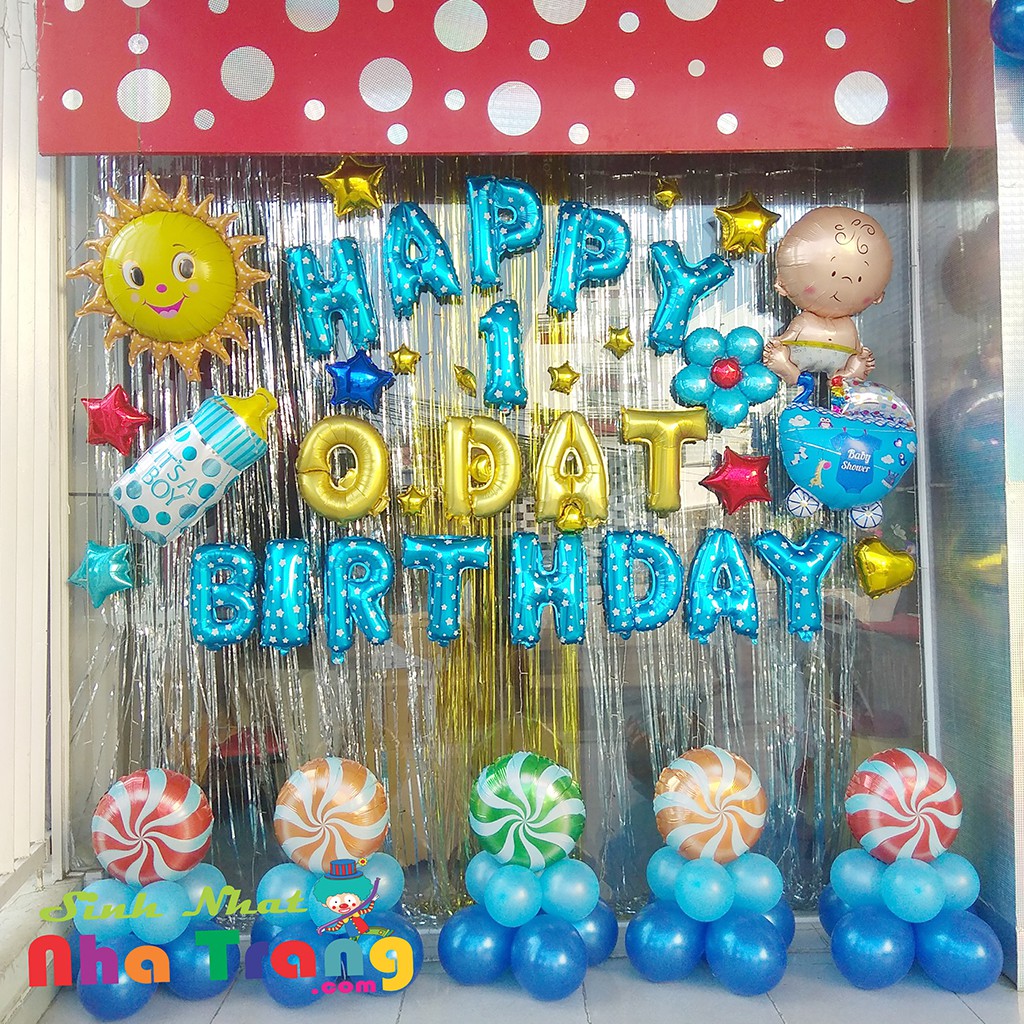 Set bóng sinh nhật bé trai 01 tuổi kèm rèm trang trí