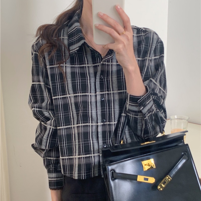 SUXI Áo Sơ Mi Dài Tay Họa Tiết Ca Rô Phong Cách Hàn Quốc Cổ Điển Dành Cho Nữ