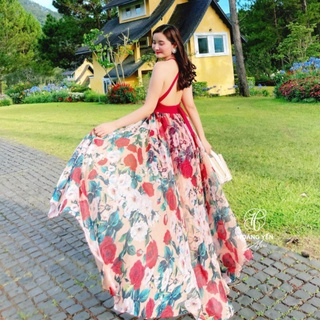Hoangyen - đầm maxi hoa cổ yếm đan dây hở lưng xẻ tà