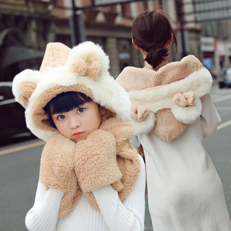 Mũ phối khăn choàng và găng tay phong cách Hàn Quốc giữ ấm dành cho trẻ em và người lớn