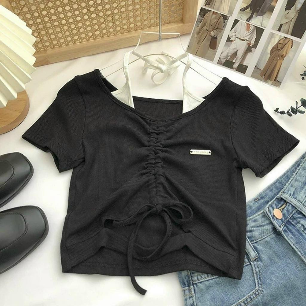 Áo croptop nữ ngắn tay cố giả yếm phối rút dây trước ngực Xquin, Áo kiểu nữ ôm body khoét eo cực sexy