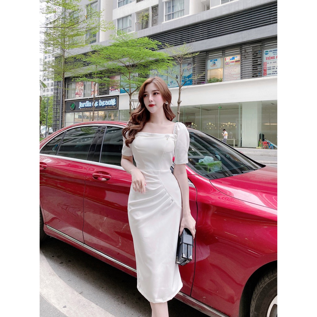 Váy nữ body cổ vuông,dáng ôm tay lửng, cao cấp sang chảnh dự tiệc công sở màu trắng thanh lịch nhẹ nhàng cho phái đẹp | BigBuy360 - bigbuy360.vn