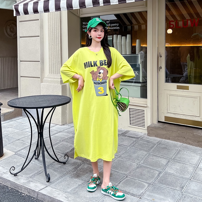 Đầm Suông Váy Dài Form Rộng Tay Lỡ Cổ Tròn In Hình Chú Gấu Dễ Thương Trong Cốc Cute Đẹp Chất Cotton Năng Động TTDS0503