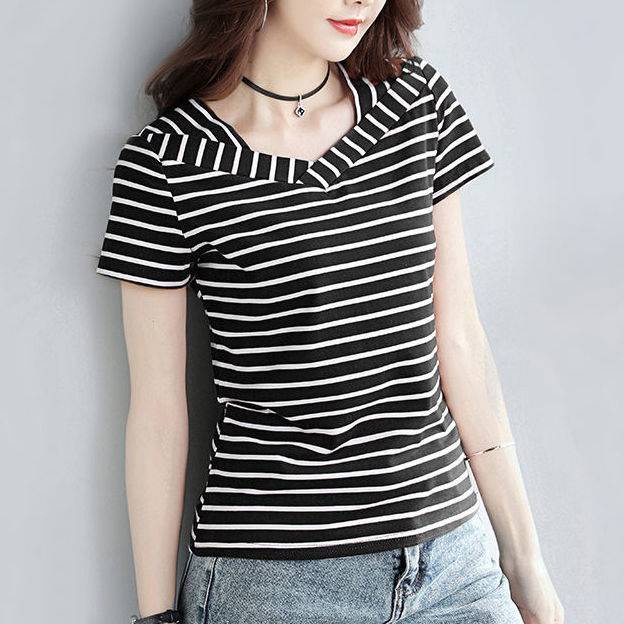 Áo Thun Tay Ngắn Cổ Chữ V Họa Tiết Kẻ Sọc Dễ Phối Đồ Thời Trang Cho Phụ Nữ Trung Niên