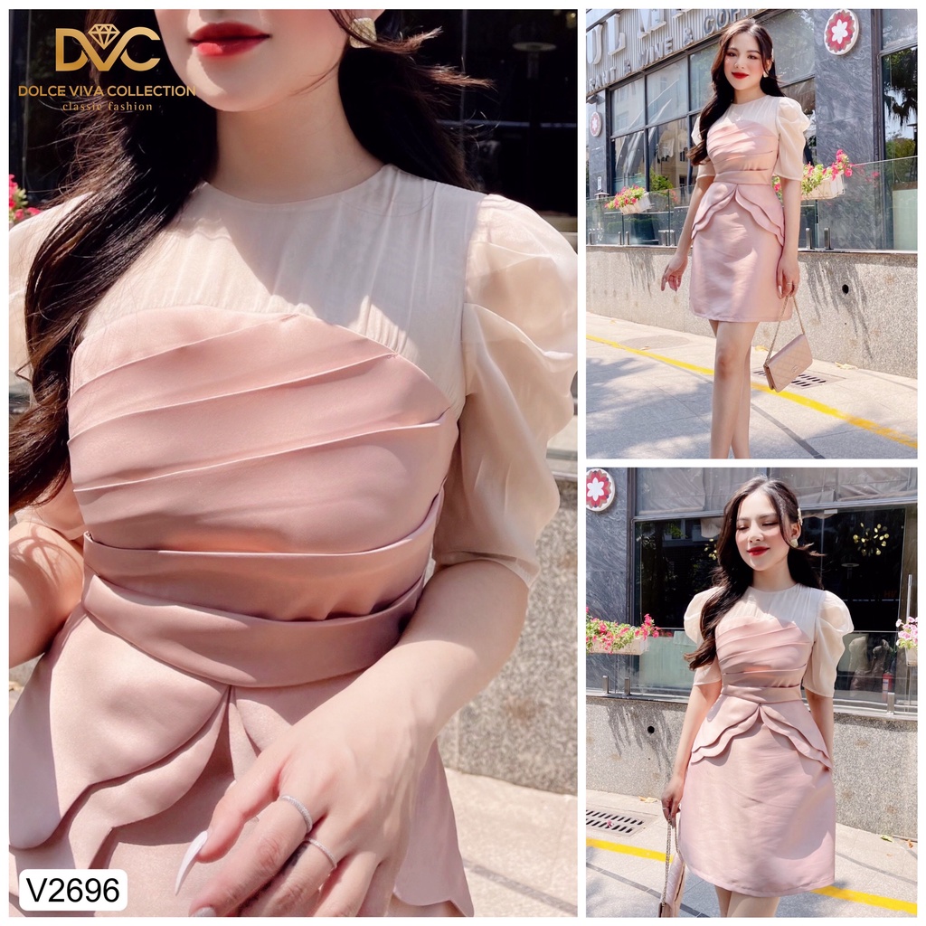 Váy tafta hồng phối voan V2696-DOLCE VIVA COLLECTION