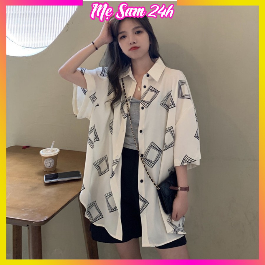 Áo sơ mi nữ form rộng tay lỡ freesize Mẹ Sam 24h, chất liệu đũi mềm mát, họa tiết in hình Ô Vuông Đen Trắng