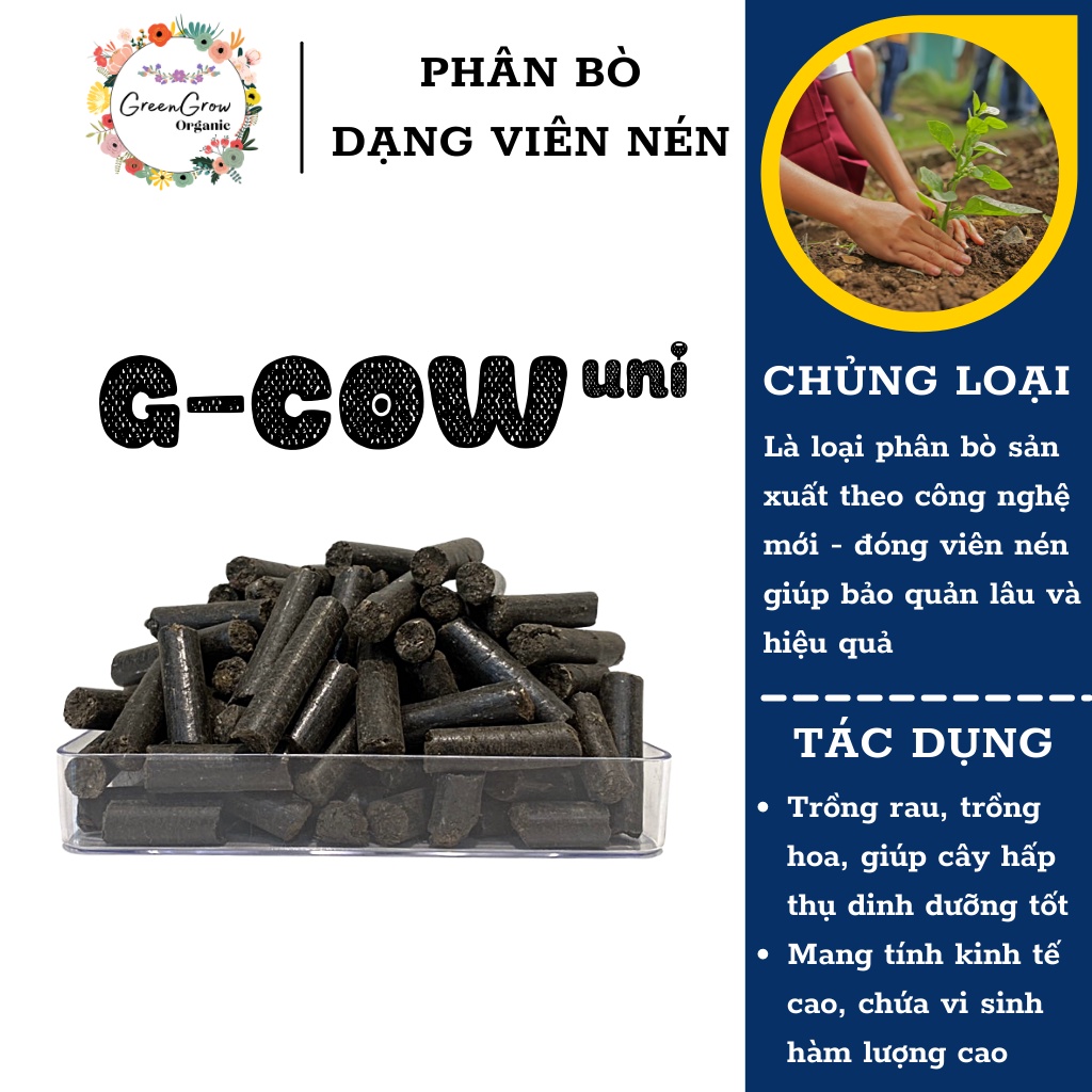 Phân bò đã qua xử lý túi 1kg Green Grow Organic dạng viên khoáng, phân bón hữu cơ trồng rau sạch, hạt giống, xơ dừa