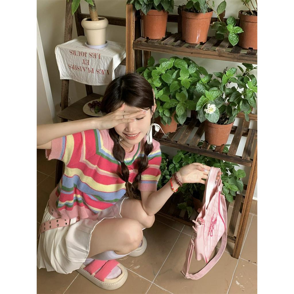 ZHELIHANGFEI Áo Sweater Tay Ngắn Dáng Rộng Lưng Cao Họa Tiết Kẻ Sọc Nhiều Màu Sắc Dễ Thương
