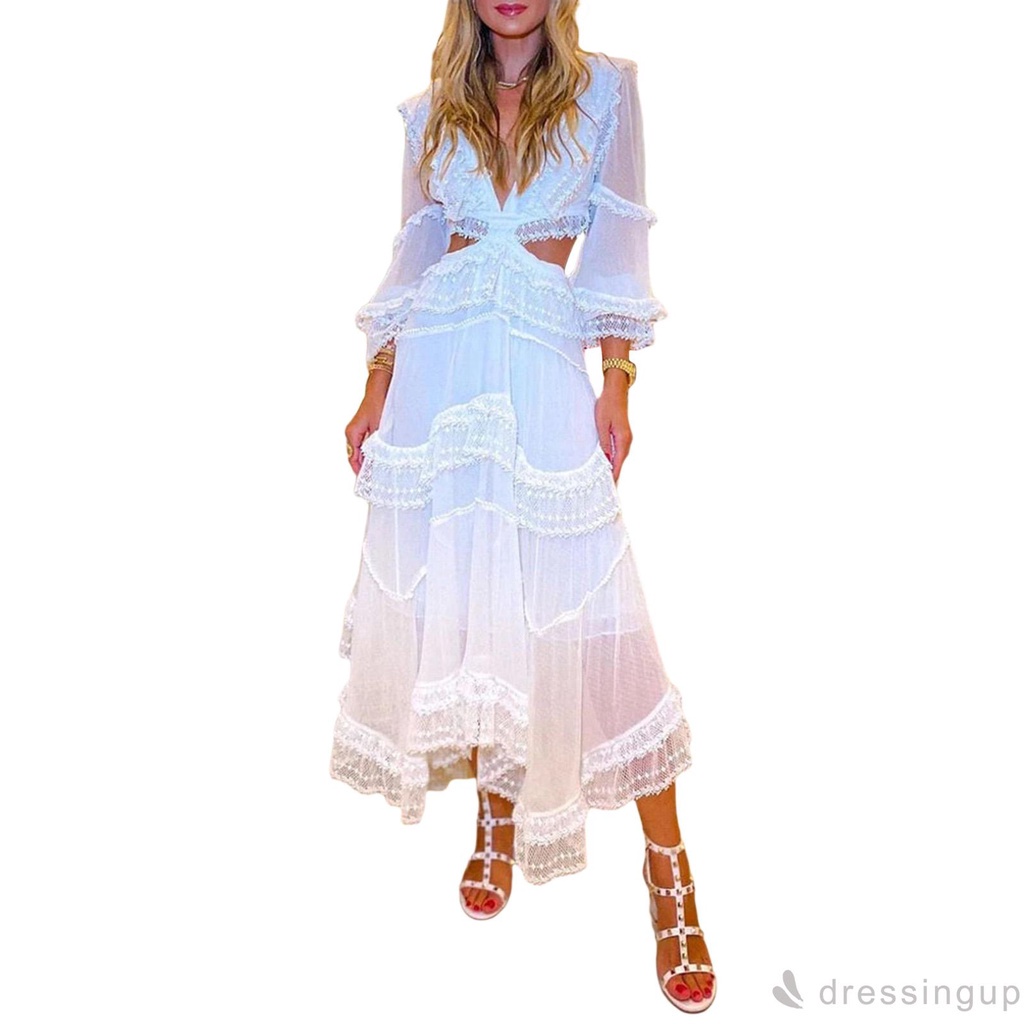 Đầm Dài Tay Phối Ren Xinh Xắn Dành Cho Nữ