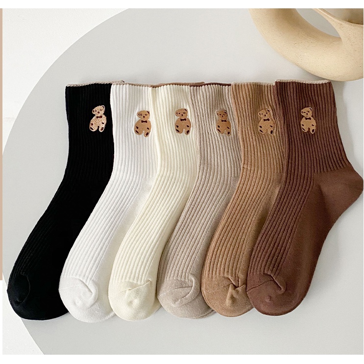 Set 6 đôi tất chân cao cổ nhún gấu nâu chất len đẹp Hàn Quốc