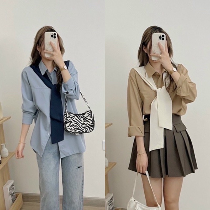 Áo Sơ Mi Dài Tay Khăn Liền Cổ Form Rộng Phong Cách Hàn Quốc [HÌNH THẬT]
