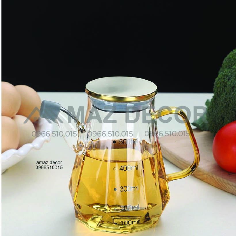 Giá sỉ Chai lọ bình nắp vàng inox 304 đựng dầu ăn, nước tương, nước mắm thủy tinh chia vạch chịu nhiệt độ cao 500ml