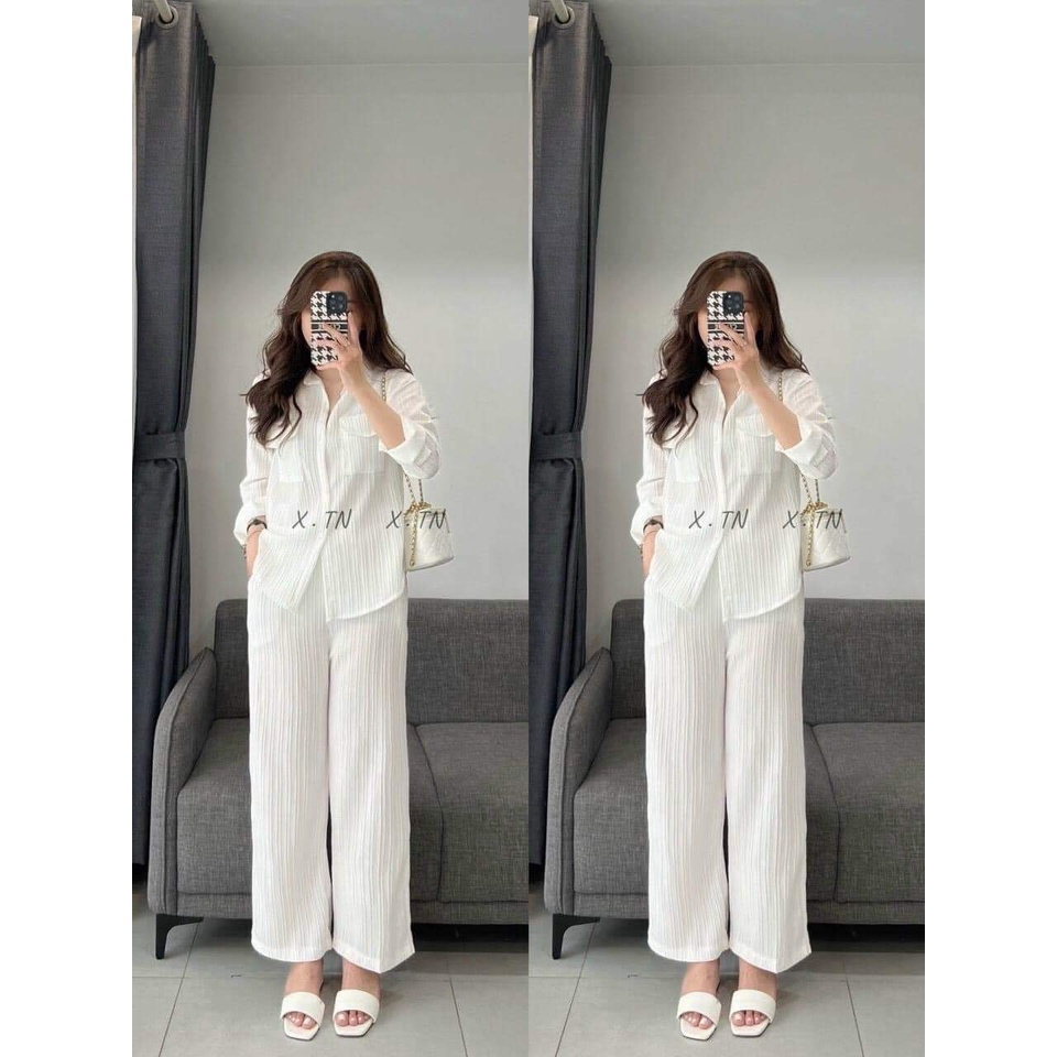 Sét bộ áo sơ mi tay dài quần dài ống suông thanh lịch cho nàng đi chơi đi làm thời trang nữ phù hợp mọi phong cách