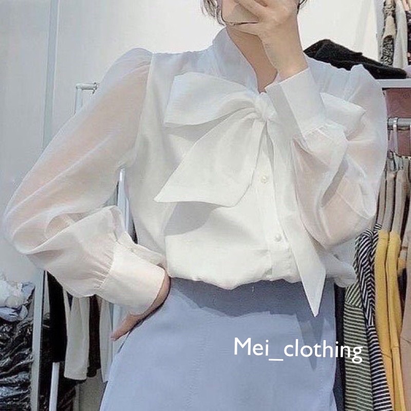 [Ảnh thật/sẵn] Áo sơmi tơ thiết kế tay bồng cổ nơ thanh lịch/ đồ công sở/ sơ mi cúc ngọc