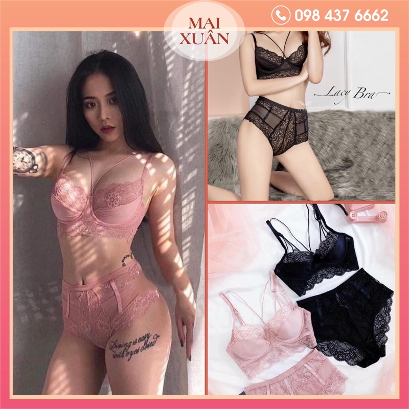 Bộ Đồ Lót Ren Siêu Mỏng Có Gọng Không Đệm Dây Đan Chéo Phối Quần Lót Ren Cạp Cao - Kho Sỉ Mai Xuân