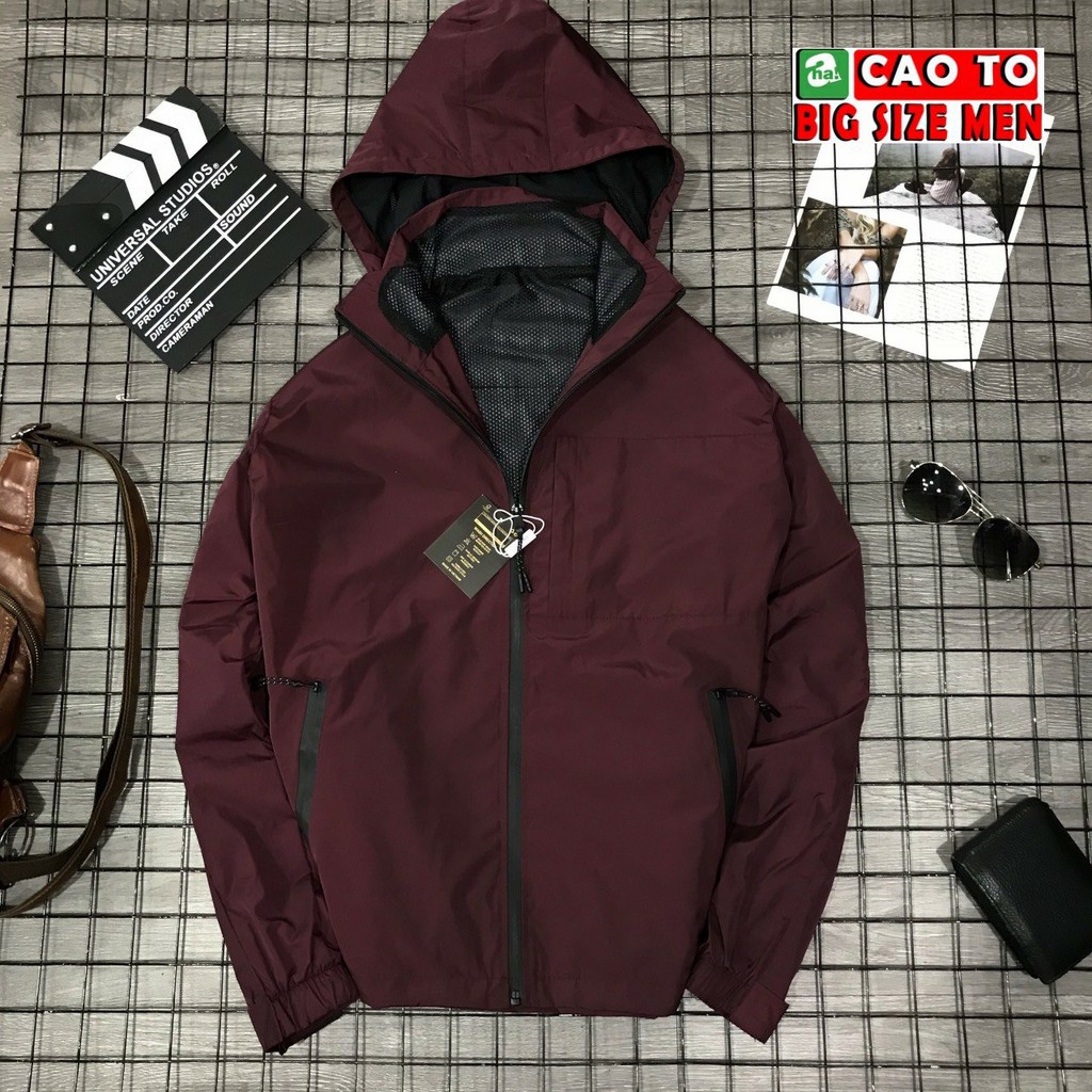 Áo Khoác Có Mũ Vải Dù Cao Cấp Đỏ Mận Big SIze 4Xl-5Xl-6XL