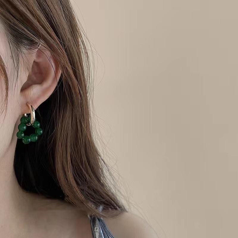 Khuyên Tai Đính Hạt Không Đối Xứng Màu Xanh Lá Cây Phong Cách Âu Mỹ Cổ Điển Sang Trọng Dễ Phối Đồ