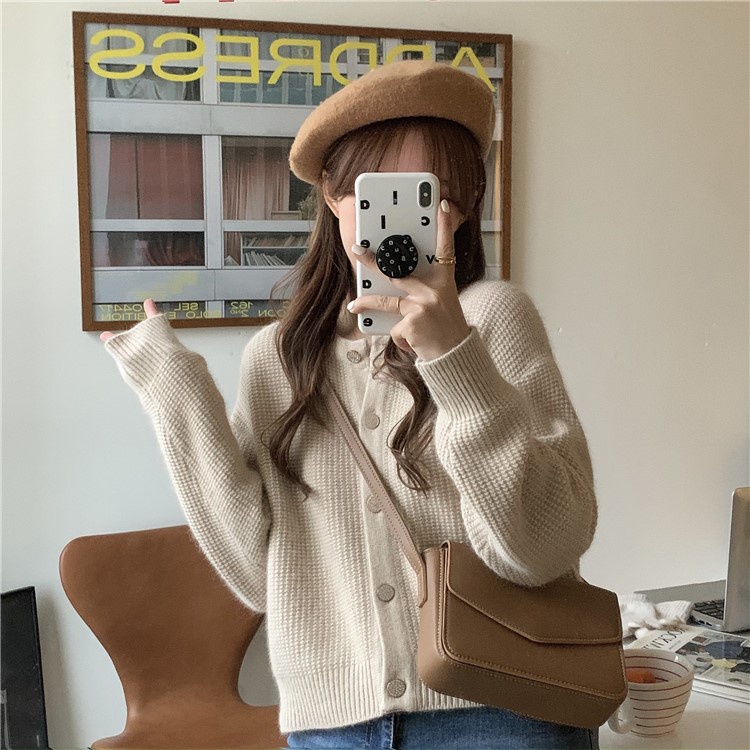 SUXI Áo khoác cardigan dệt kim dáng rộng màu trơn phong cách vintage mới thời trang