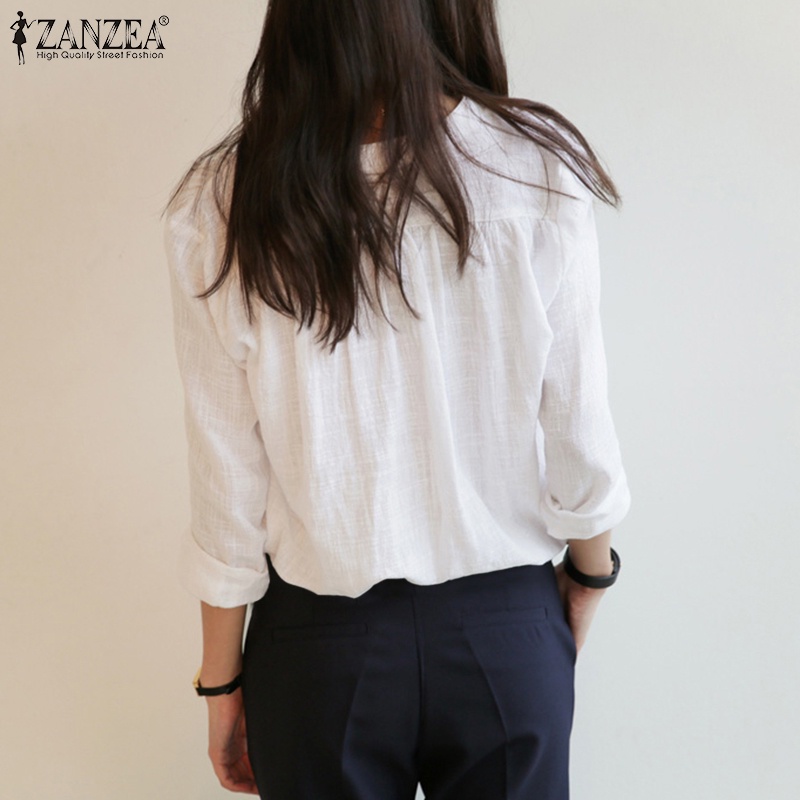 Áo sơ mi Zanzea tay dài cổ tròn màu trơn thời trang dành cho nữ