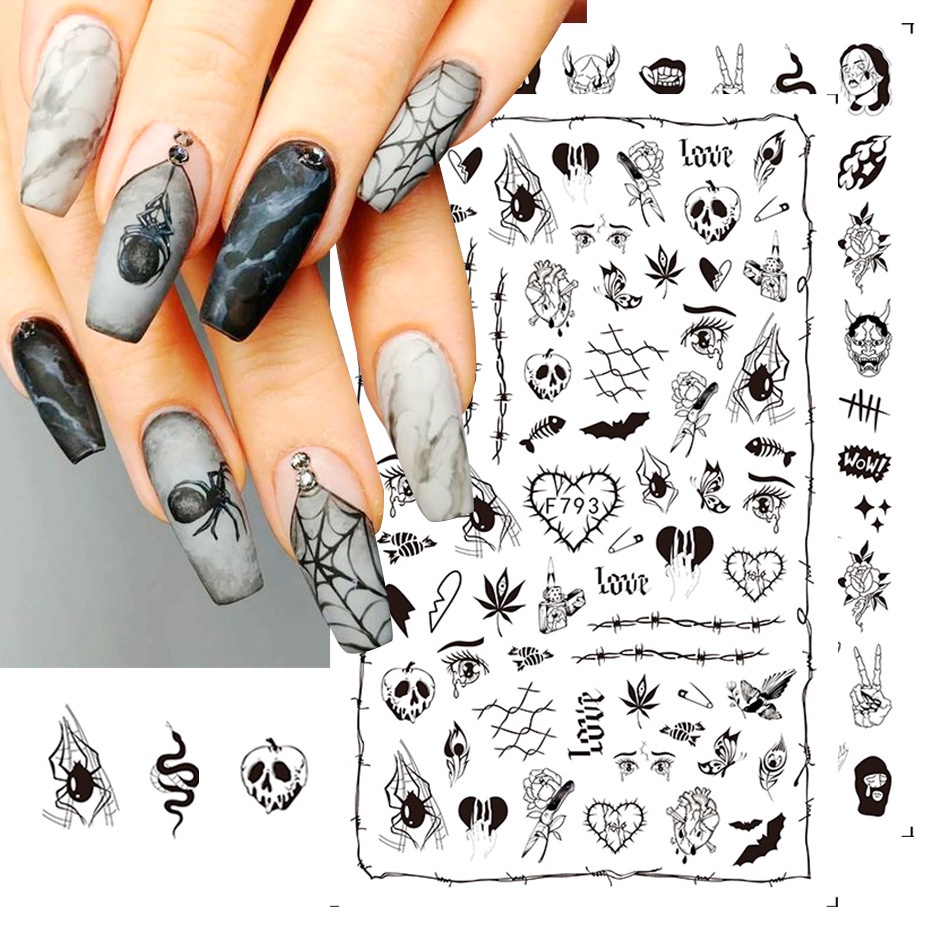 Sticker Dán Móng Nghệ Thuật Họa Tiết Mạng Nhện Đầu Lâu Trang Trí Halloween DIY