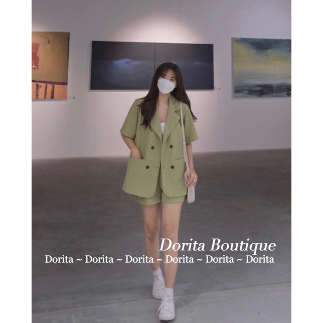 Set áo vest trơn basic cộc tay kèm quần short form oversize, Set áo Blazer kèm quần short Hàn Quốc