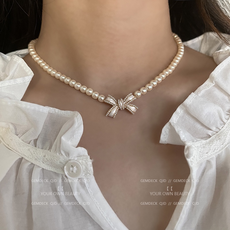 Vòng Cổ Hình Nơ Đính Ngọc Trai Đơn Giản Phong Cách Harajuku Thời Trang