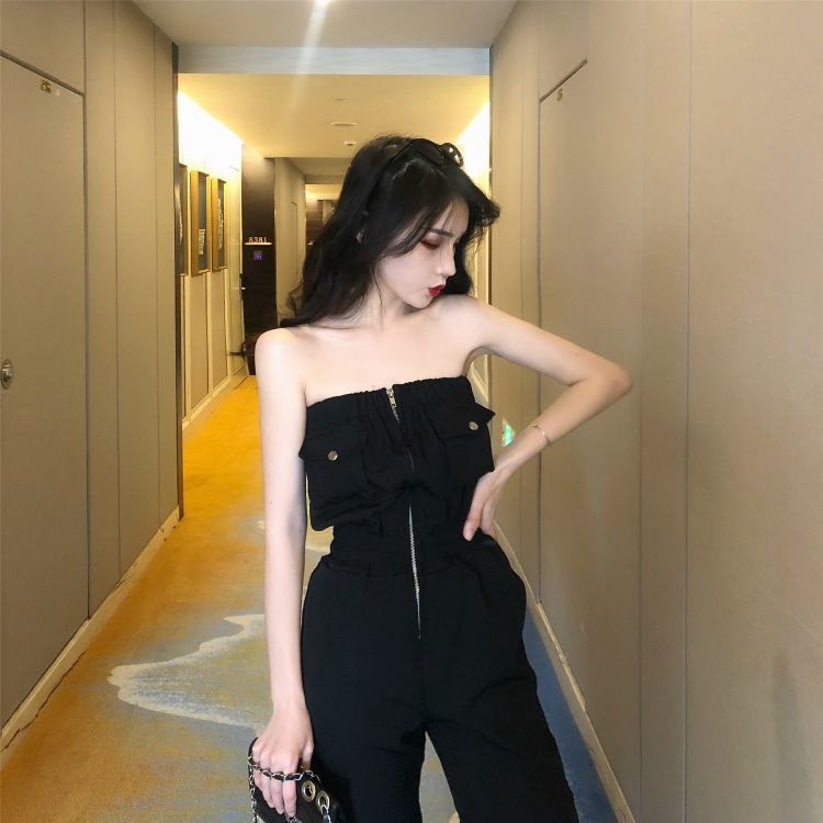 Jumpsuit áo ống quần suông thẳng màu đen phong cách mới cho nữ