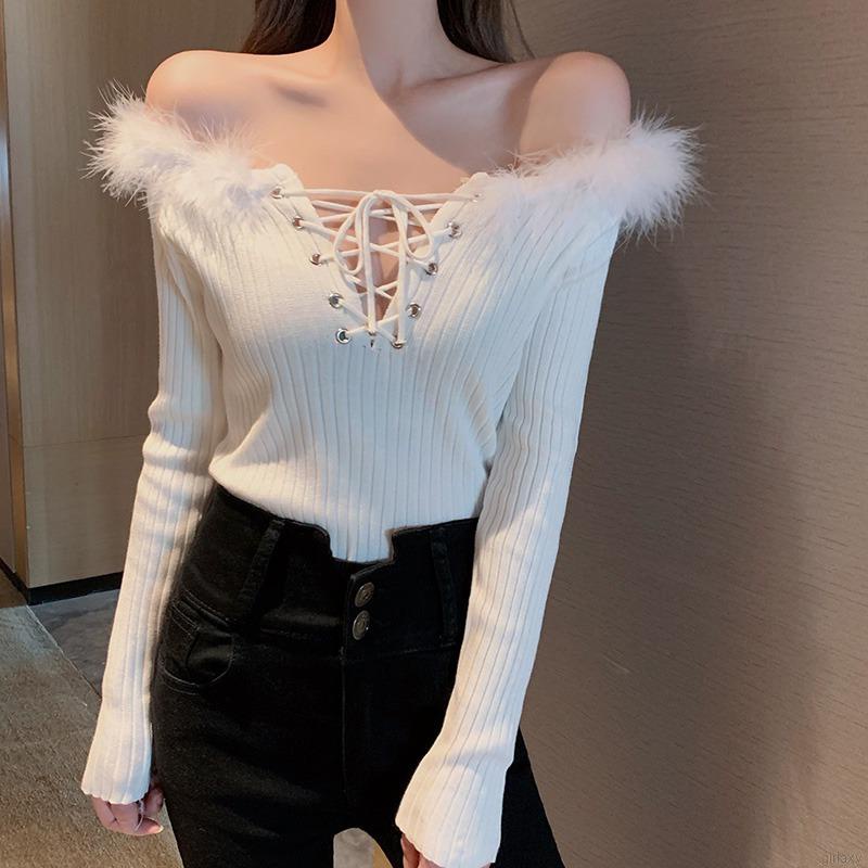 Áo dệt kim tay dài hở vai màu sắc trơn phong cách Hàn Quốc cho nữ