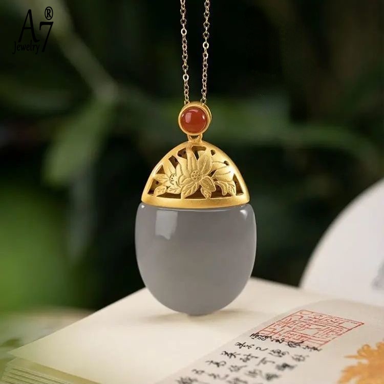 Dây Chuyền Mạ Bạc 925 Mặt Hoa Sen Đính Đá Ngọc Bích Thời Trang Cho Nữ