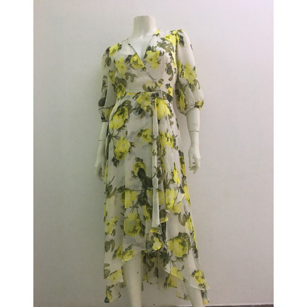 Đầm maxi nữ công sở dự tiệc vải voan cao cấp cổ tim màu trắng họa tiết hoa vàng hiệu Calvin Klein size 2 hàng xách tay m