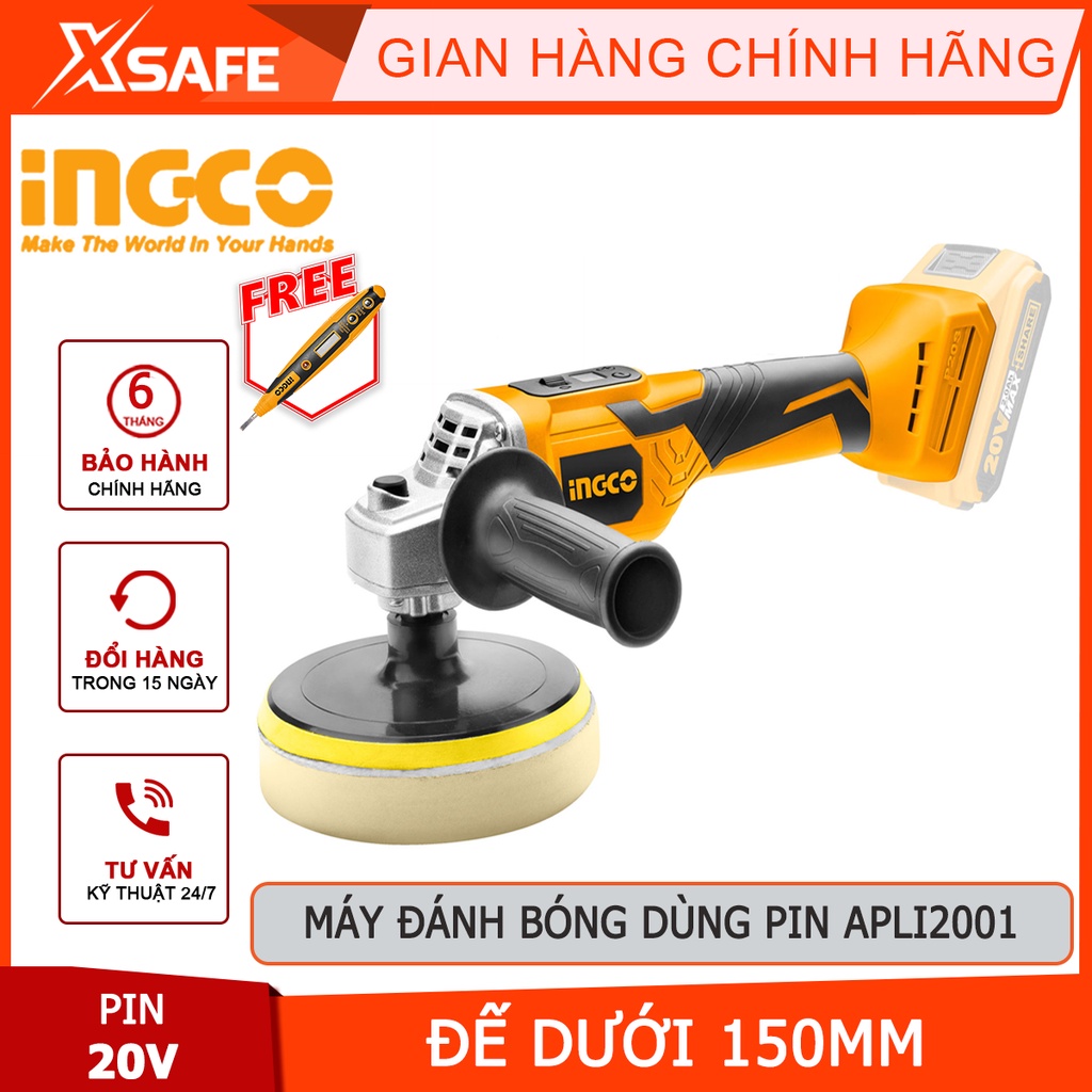 Máy đánh bóng dùng pin INGCO APLI2001 Máy chà cầm tay 20V màn hình LCD hiển thị tốc độ, đế dưới 150mm, không kèm pin sạc