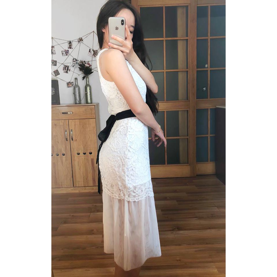 Đầm dự tiệc đầm ren trắng đuôi cá thắt nơ eo | BigBuy360 - bigbuy360.vn