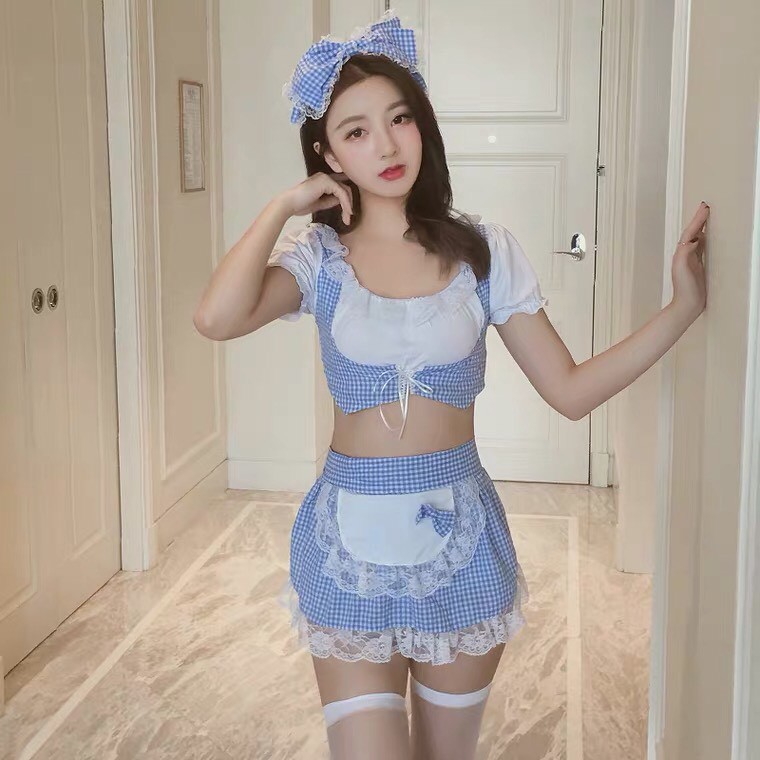 Đồ ngủ cosplay hầu gái xanh kẻ caro sexy quyến rũ 4019